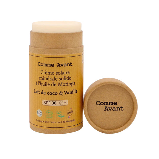 Crème solaire SPF30 minérale solide à l'huile de moringa - Lait de Coco & Vanille - goobio-and-zen
