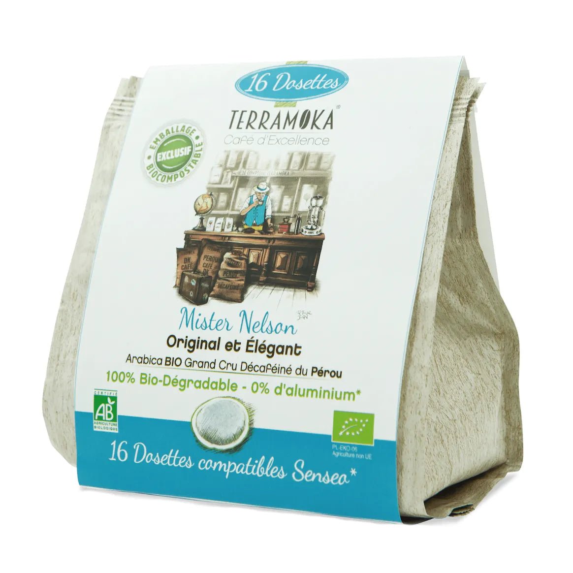 TERRAMOKA 16 dosettes biodegradables & compatibles Senseo - Nelson - goobio-and-zen